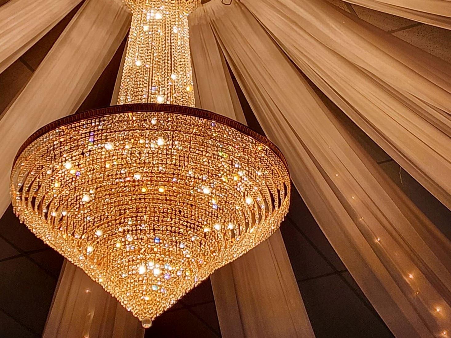 The lighted chandelier inside the Civic Center