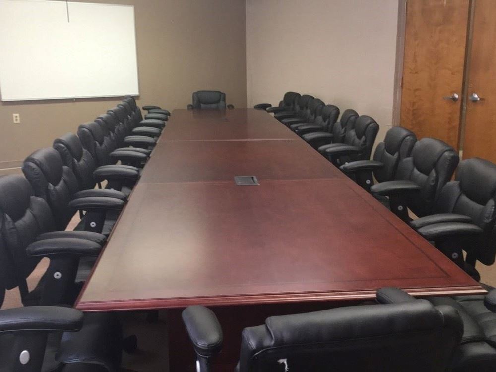 Tables and chairs set up in the board room at the Civic Center