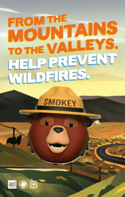 Smokey Bear graphic, From the mountains to the valleys help prevent wildfires.